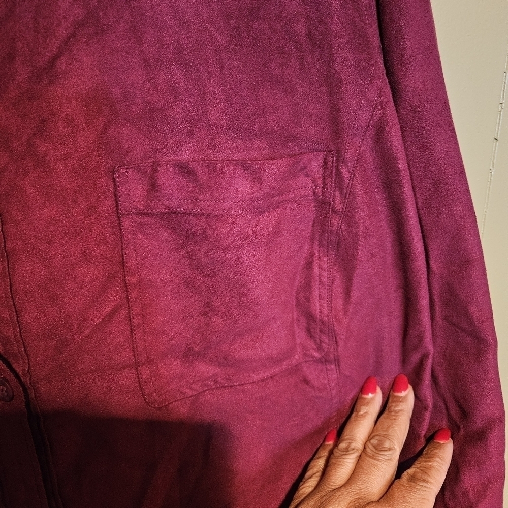 Catherine's Faux Suede Button-Down Shirt, Jacket, Burgundy, Plus Size 2X, Winter - Picture 2 of 5